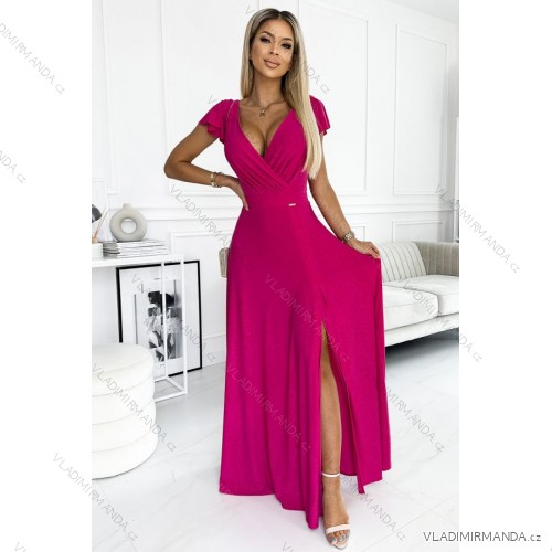 411-5 CRYSTAL long shimmering dress with a neckline - fuchsia