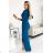 404-4 Shiny dress with a neckline and a slit on the leg - sea ​​color