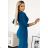 404-4 Shiny dress with a neckline and a slit on the leg - sea ​​color