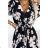 434-1 LISA Pleated midi dress with a neckline and frills - peach blossom on a black background