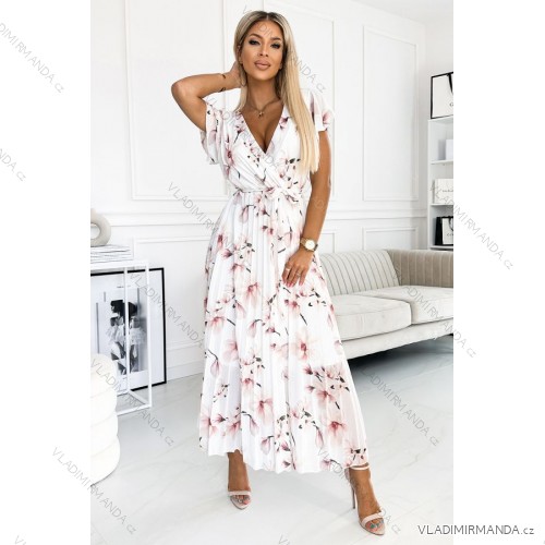 434-4 LISA Pleated midi dress with a neckline and frills - peach blossom on a white background