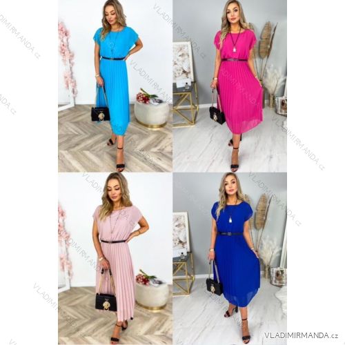 Women's Long Pleated Summer Chiffon Belt Short Sleeve Dress (S/M ONE SIZE) ITALIAN FASHION IMWGM231412