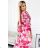 436-1 VALENTINA Midi dress with a neckline and a belt - pink roses on a white background