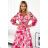 436-1 VALENTINA Midi dress with a neckline and a belt - pink roses on a white background