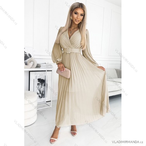 414-8 KLARA pleated dress with a belt and a neckline - beige