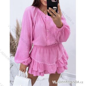 Women's Long Sleeve Summer Muslin Skirt and Shirt Set (S/M ONE SIZE) ITALIAN FASHION IMWY23097