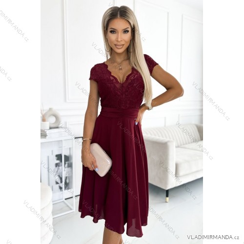 381-5 LINDA - chiffon dress with lace neckline - Burgundy color