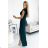 451-1 Shiny dress with short sleeves, neckline and a slit on the leg - green