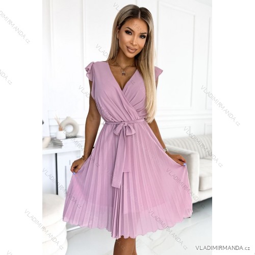 374-3 POLINA Pleated dress with a neckline and frills - dirty pink