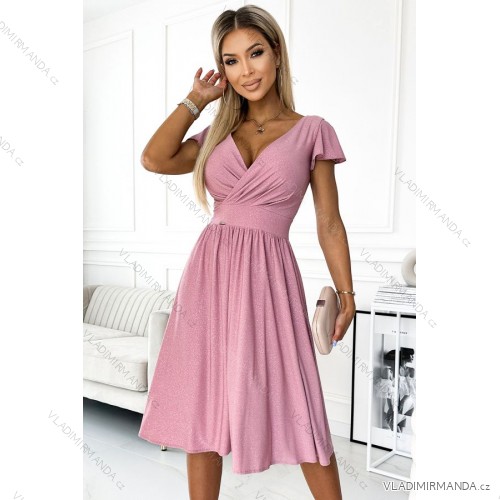 425-2 MATILDE Dress with a neckline and short sleeves - powder pink with glitter