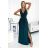 467-1 LOUISE brocade long dress with a neckline and a leg slit - green