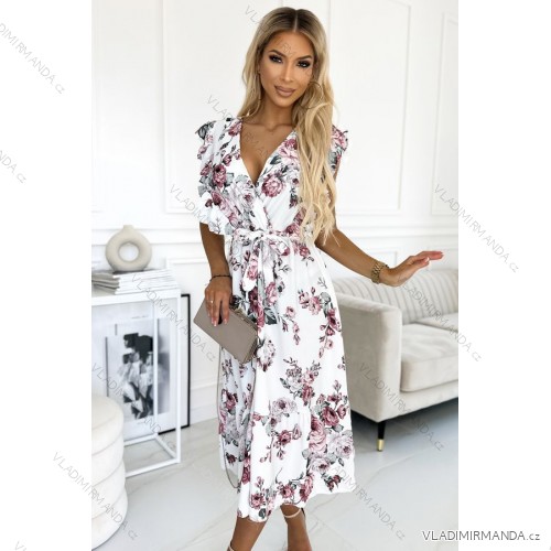 466-1 GABRIELLA dress with frill, neckline and binding - white with burgundy roses