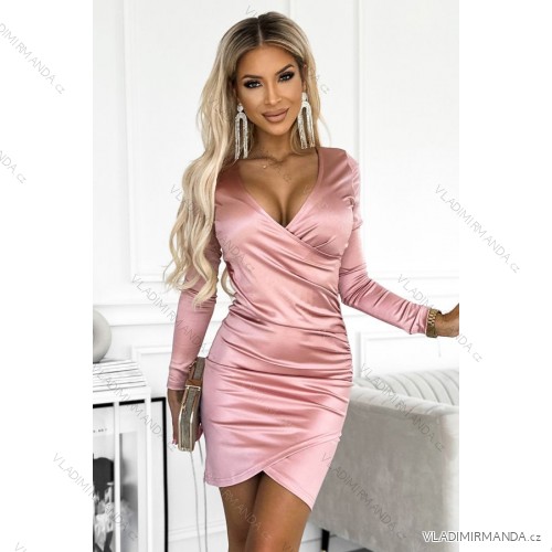 477-1 Satin dress with an envelope neckline and long sleeves - dirty pink