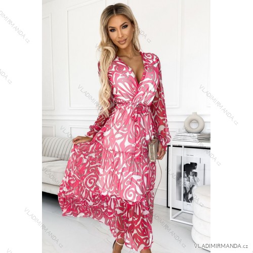 476-1 ENRICA Dress with a neckline and long sleeves - PINK WAVES - mesh