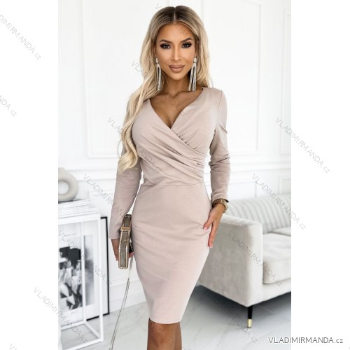 398-3 Elegant cotton dress with an envelope neckline and long sleeves - beige