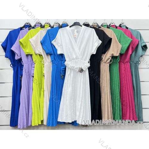 Women's Summer Pleated Dress with Belt Short Sleeve (S/M ONE SIZE) ITALIAN FASHION IMWP232489