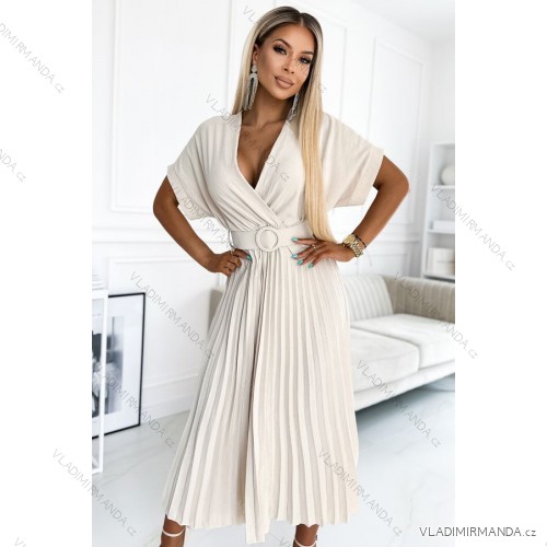 471-1 FELICIA Pleated midi dress with a neckline and a wide belt - beige