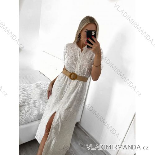 Women's Long Lace Shirt Dress Cotton With Belt Short Sleeve (S/M ONE SIZE) ITALIAN FASHION IMWGB231815