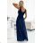490-1 SUSAN Long brocade dress with a neckline and stitching at the waist - navy blue