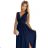 490-1 SUSAN Long brocade dress with a neckline and stitching at the waist - navy blue