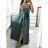 Long summer satin dress with straps women with belt (UNI S / M) ITALIAN FASHION IMM22INFINITE -   green pea -   S / M