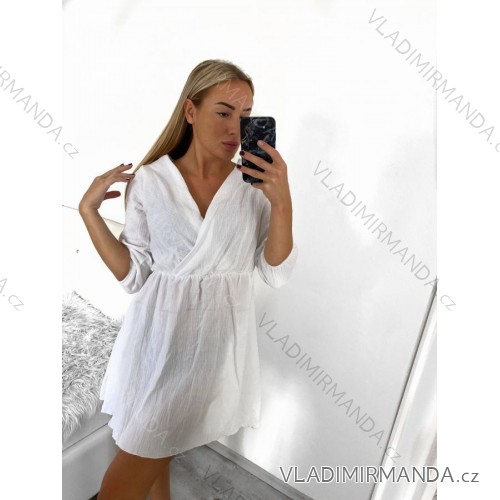 Women's Long Elegant Muslin Long Sleeve Dress (S/M ONE SIZE) ITALIAN FASHION IMWGB232515 S/M white
