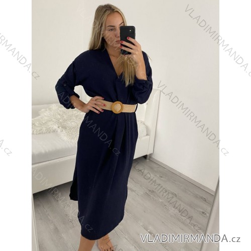 Women's Long Sleeve Belted Long Dress (S/M ONE SIZE) ITALIAN FASHION IMPLI236060 dark blue S/M