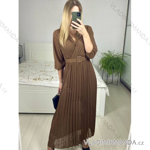 Šaty dlouhé šifonové s páskem dlouhý rukáv dámské (S/M ONE SIZE) ITALSKÁ MÓDA IMM23M9668 S/M Brown