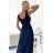490-1 SUSAN Long brocade dress with a neckline and stitching at the waist - navy blue - Colour   dark blue - Size   L