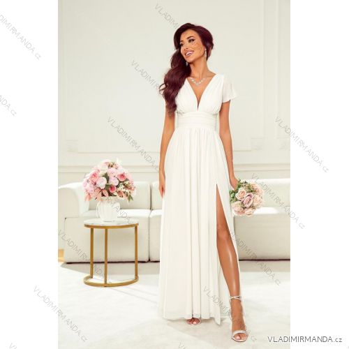 Women's Long Elegant Dress with Wide Straps (SL) FRENCH FASHION FMPEL23VELVET white 34
