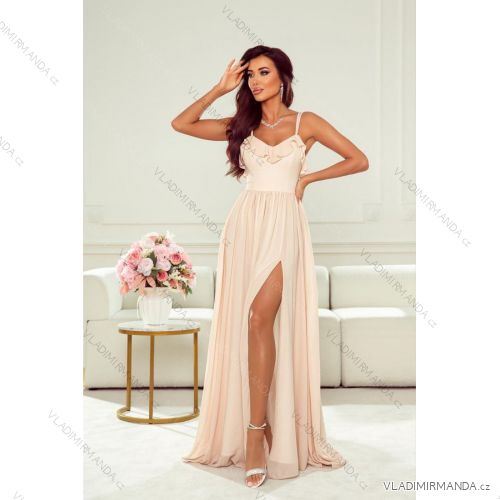 Women's Long Elegant Dress with Wide Straps (SL) FRENCH FASHION FMPEL23VELVET béžová 34