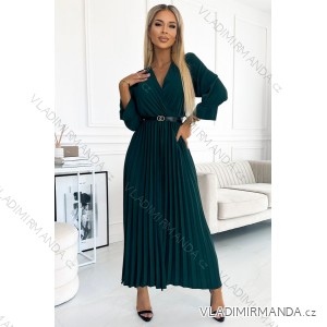 462-2 SERENA Pleated maxi dress with a neckline, belt and 3/4 sleeves - green