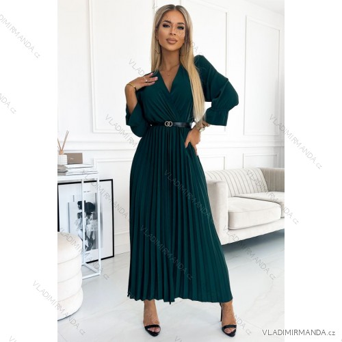 462-2 SERENA Pleated maxi dress with a neckline, belt and 3/4 sleeves - green