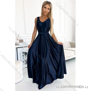 508-1 CINDY long satin dress with a neckline and bow - navy blue