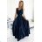 508-1 CINDY long satin dress with a neckline and bow - navy blue
