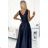 508-1 CINDY long satin dress with a neckline and bow - navy blue