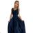 508-1 CINDY long satin dress with a neckline and bow - navy blue