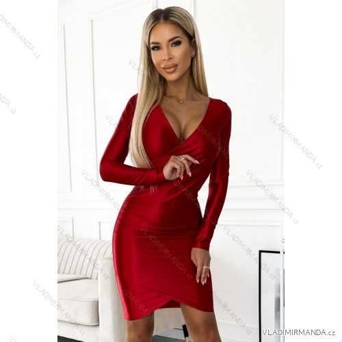 477-2 Satin dress with an envelope neckline and long sleeves - red