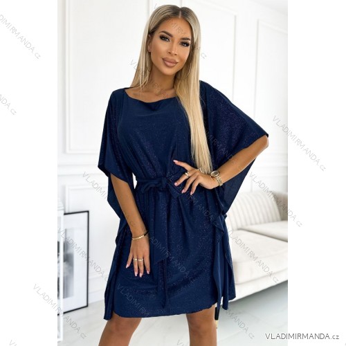 287-25 SOFIA Butterfly dress with a binding at the waist - navy blue with glitter