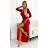 404-7 Shiny dress with a neckline and a slit on the leg - red color