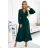 504-3 VIVIANA Pleated midi dress with a neckline, long sleeves and a wide belt - green
