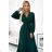 504-3 VIVIANA Pleated midi dress with a neckline, long sleeves and a wide belt - green