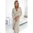 504-2 VIVIANA Pleated midi dress with a neckline, long sleeves and a wide belt - beige colour