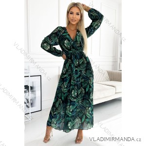 511-1 Pleated chiffon long dress with a neckline, long sleeves and a belt - green leaves