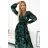 511-1 Pleated chiffon long dress with a neckline, long sleeves and a belt - green leaves