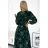 511-1 Pleated chiffon long dress with a neckline, long sleeves and a belt - green leaves