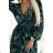 511-1 Pleated chiffon long dress with a neckline, long sleeves and a belt - green leaves
