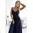 512-2 JULIET elegant long satin dress with a neckline - navy blue