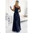 512-2 JULIET elegant long satin dress with a neckline - navy blue