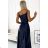 512-2 JULIET elegant long satin dress with a neckline - navy blue